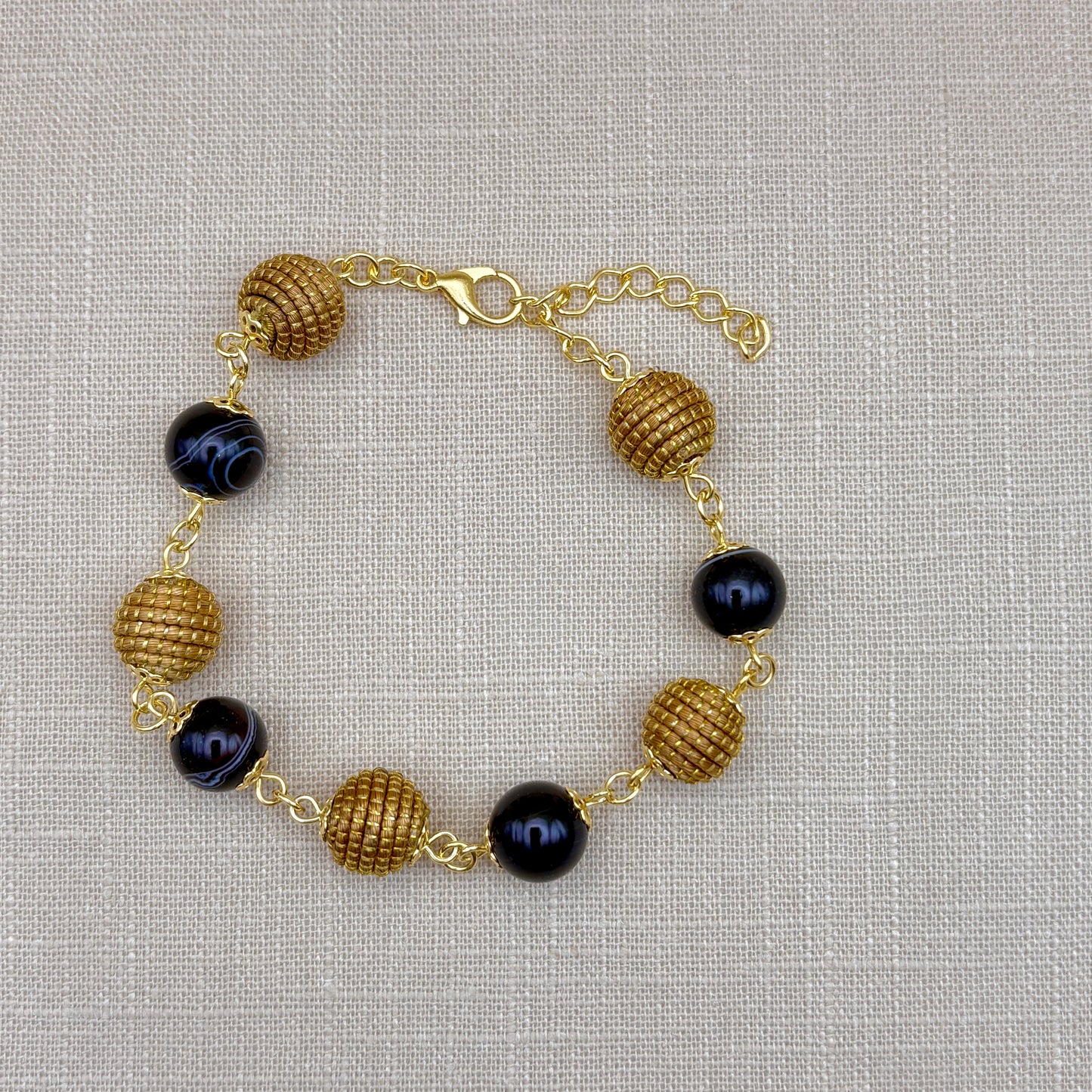 Bracelet Capim Dourado - boules et pierres naturelles Agate noire