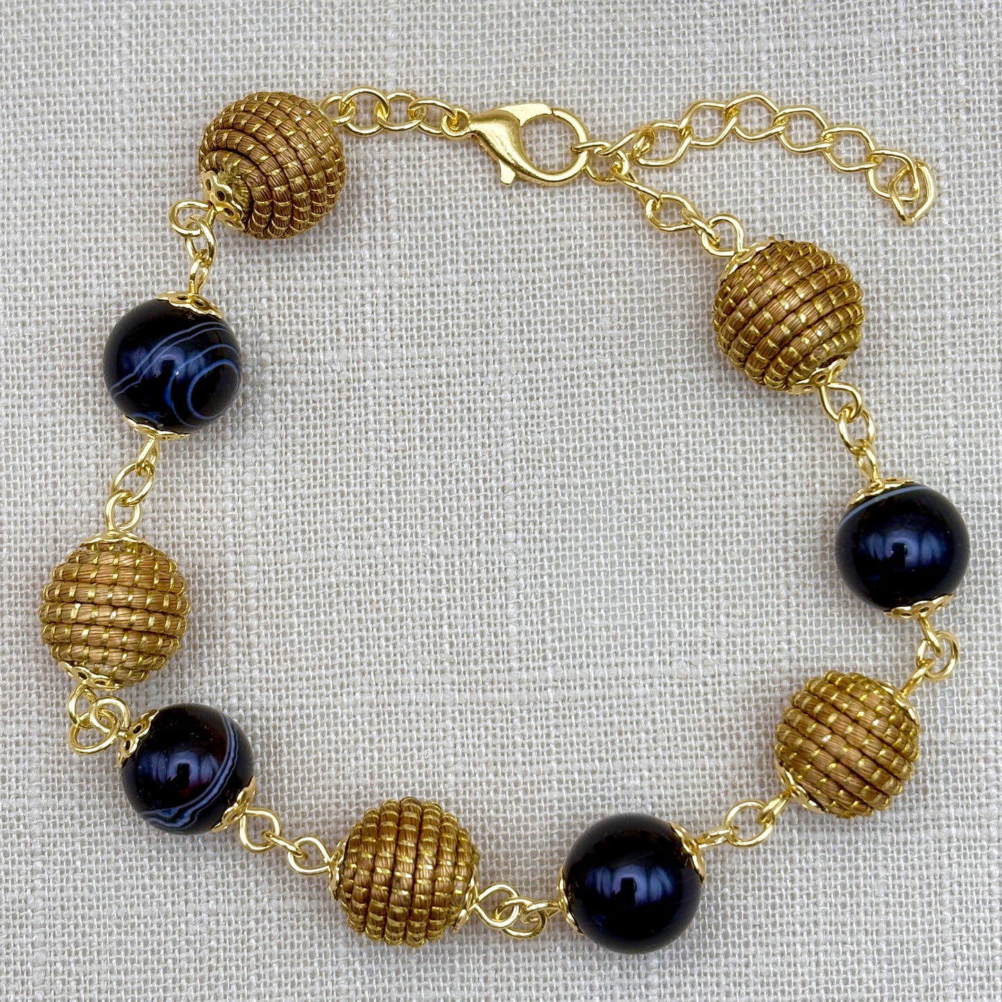 Bracelet Capim Dourado - boules et pierres naturelles Agate noire