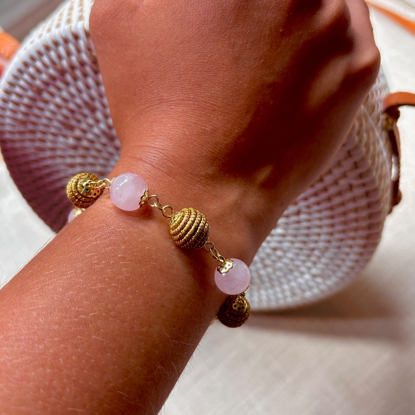 Bracelet Capim Dourado - boules et pierres naturelles Quartz rose