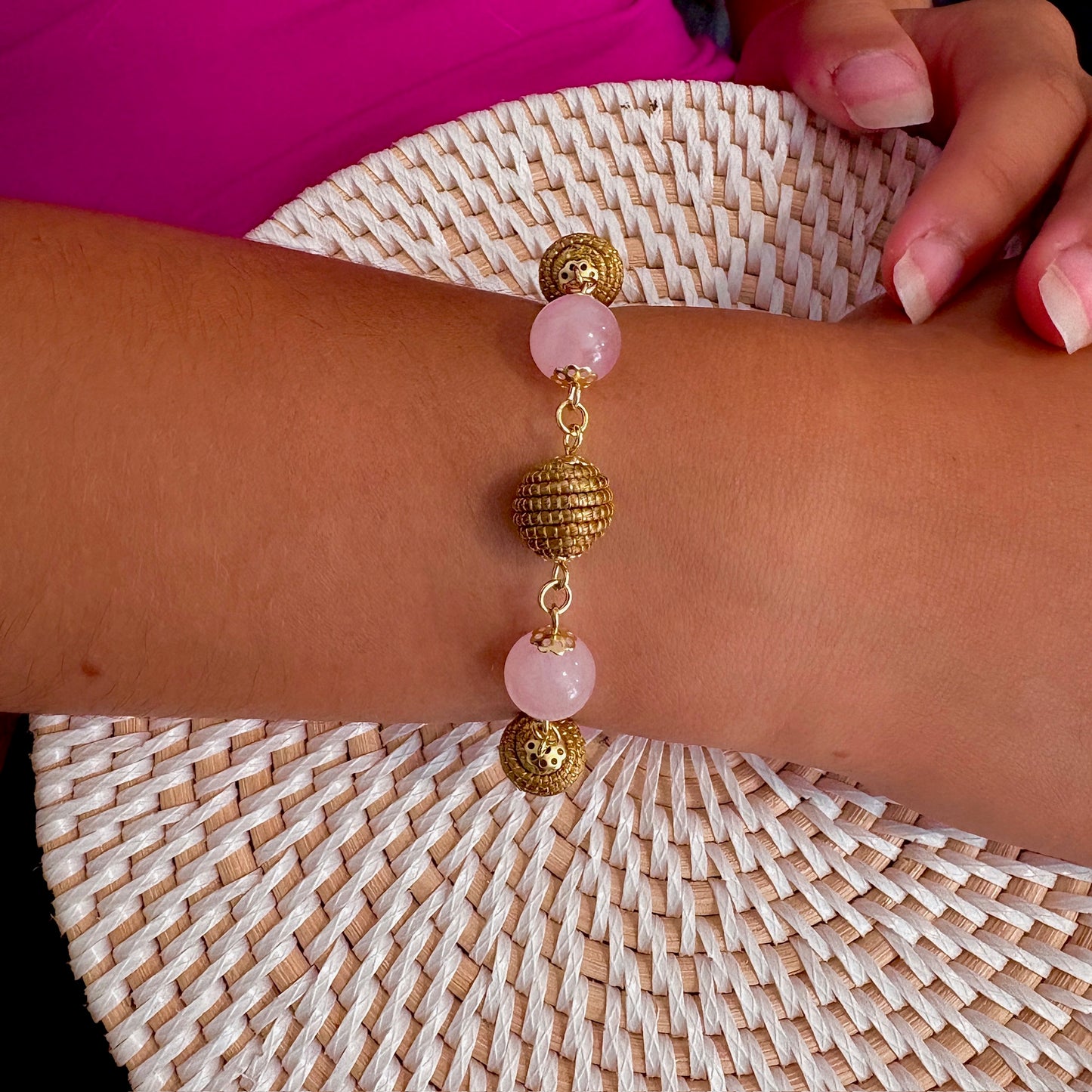 Bracelet Capim Dourado - boules et pierres naturelles Quartz rose