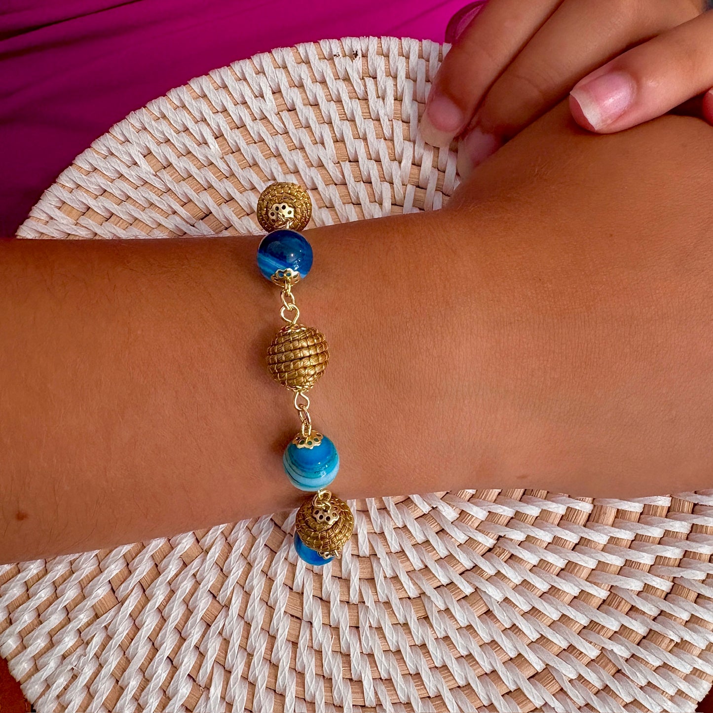 Bracelet Capim Dourado - boules et pierres naturelles Agate bleue
