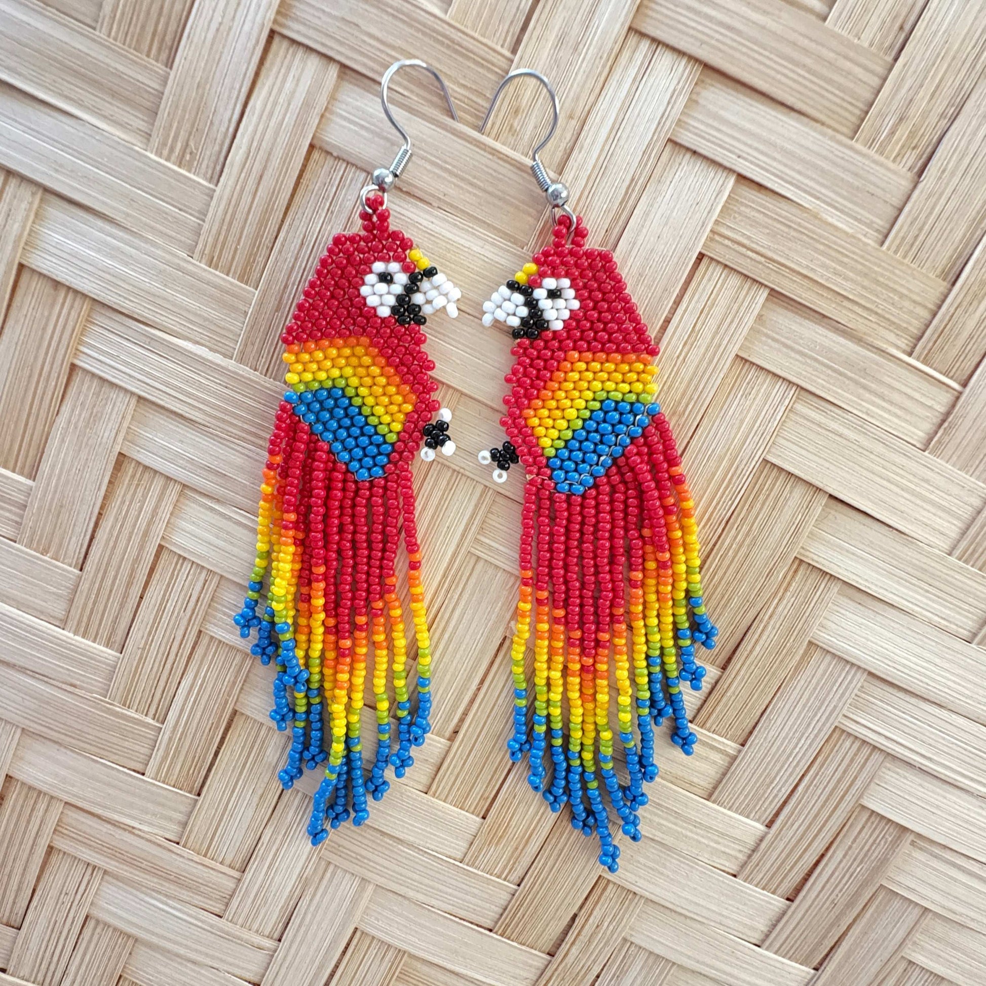 Boucles d'oreilles en perles de verre (Miçanga) - Ara rouge - Ethnie Borari