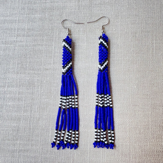 Boucles d'oreilles en perles de verre (Miçanga) - Franges bleu - Ethnie Borari