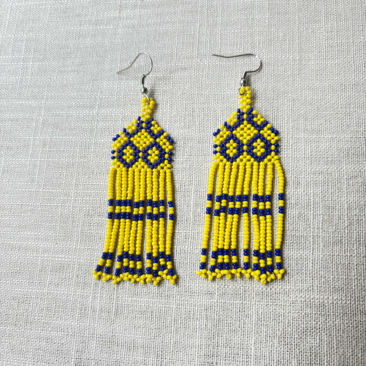 Boucles d'oreilles en perles de verre (Miçanga) - jaune et bleu - Ethnie Kayapo
