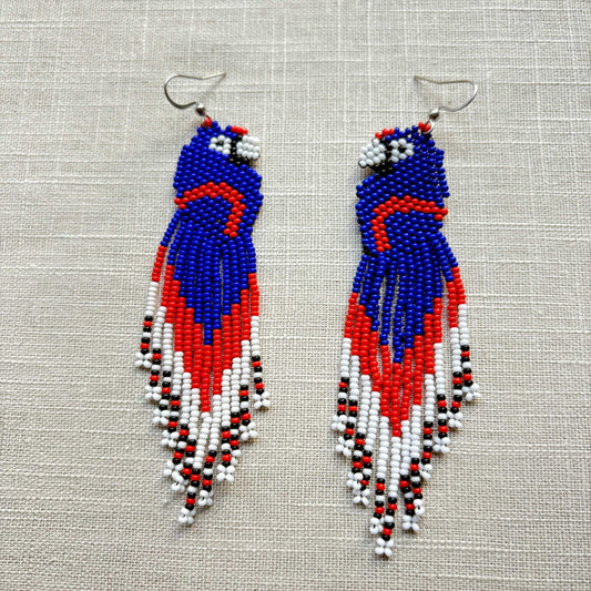 Boucles d'oreilles en perles de verre (Miçanga) - Ara bleu rouge blanc - Ethnie Borari