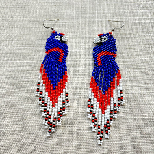 Boucles d'oreilles en perles de verre (Miçanga) - Ara bleu rouge blanc - Ethnie Borari