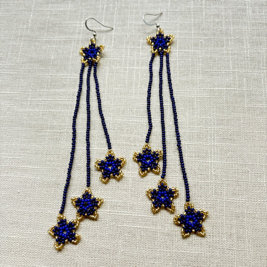 Boucles d'oreilles en perles de verre (Miçanga) - Etoiles bleu et doré - Ethnie Borari