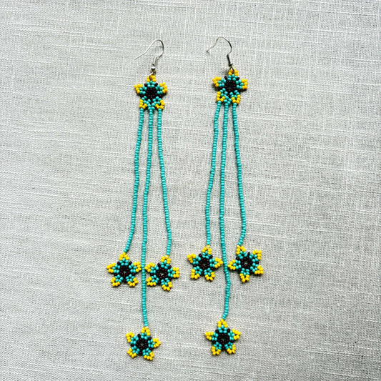 Boucles d'oreilles en perles de verre (Miçanga) - Fleur bleu jaune et marron - Ethnie Borari