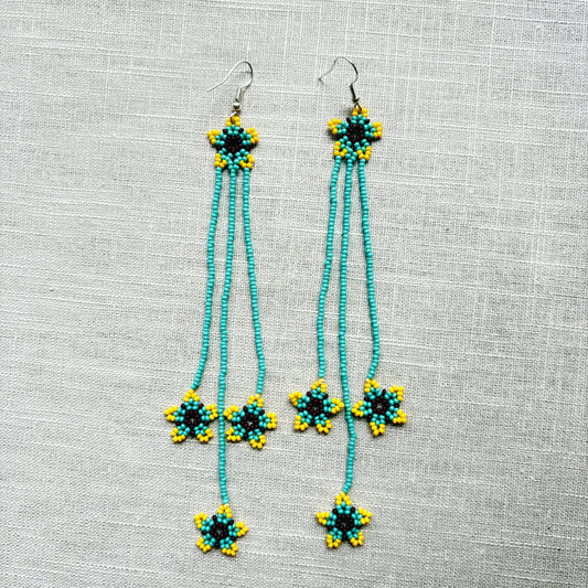 Boucles d'oreilles en perles de verre (Miçanga) - Fleur bleu jaune et marron - Ethnie Borari
