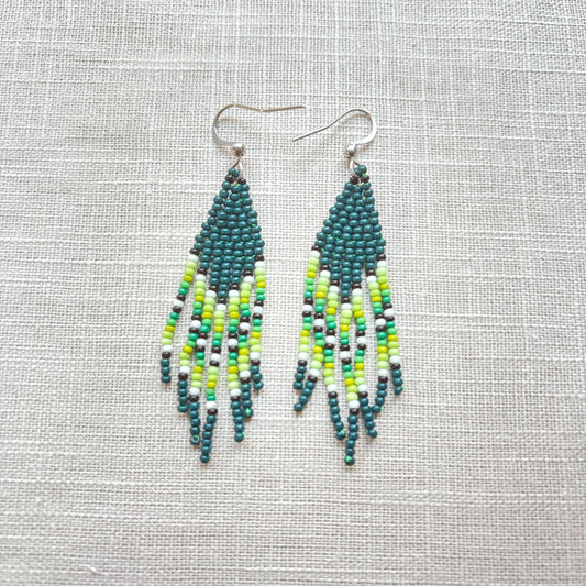 Boucles d'oreilles en perles de verre (Miçanga) - Franges vert blanc noir - Ethnie Borari