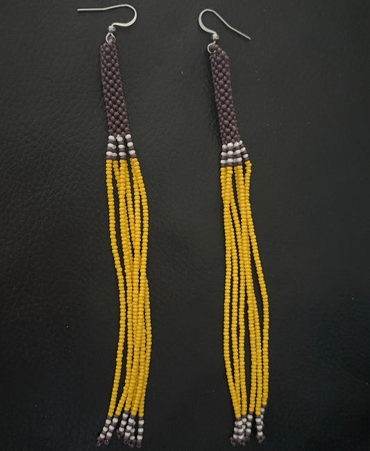 Boucles d'oreilles en perles de verre (Miçanga) - Marron à franges jaune - Ethnie Borari