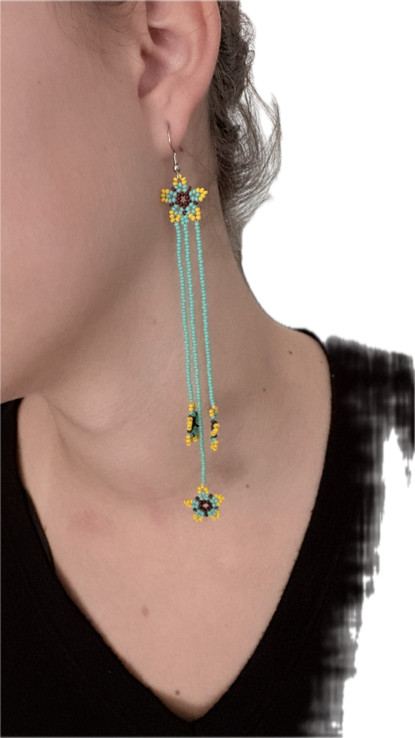 Boucles d'oreilles en perles de verre (Miçanga) - Fleur bleu jaune et marron