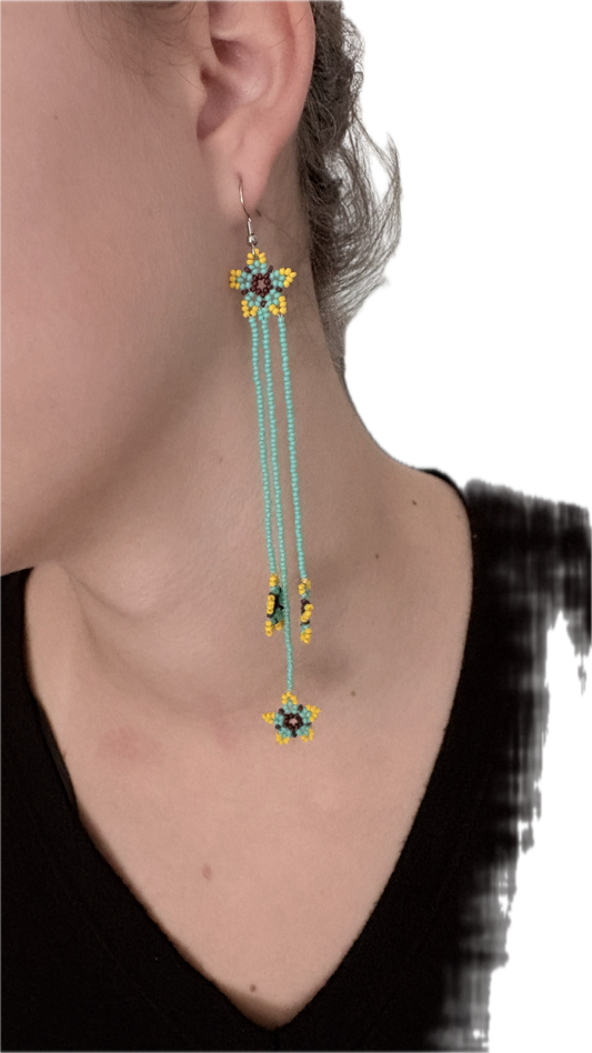 Boucles d'oreilles en perles de verre (Miçanga) - Fleur bleu jaune et marron