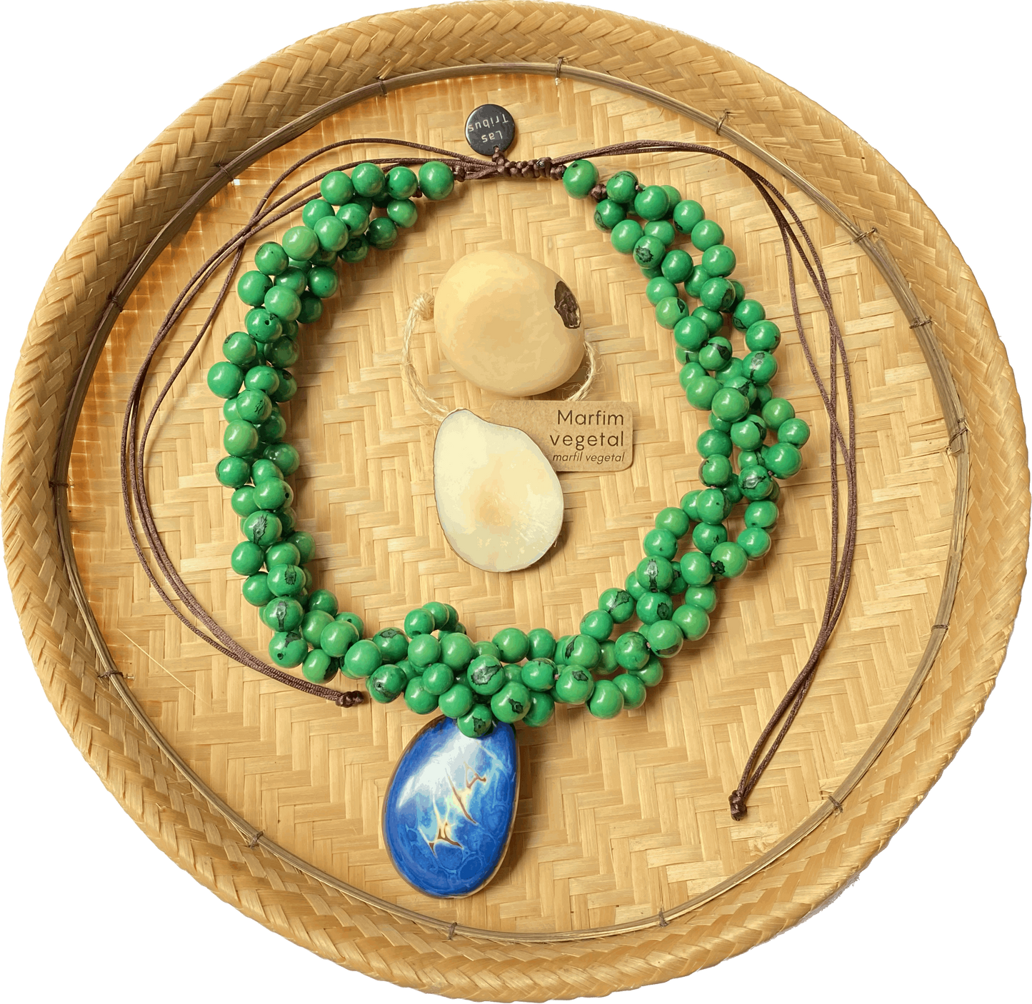 Collier Açai vert feuille et pendentif Jarina bleu