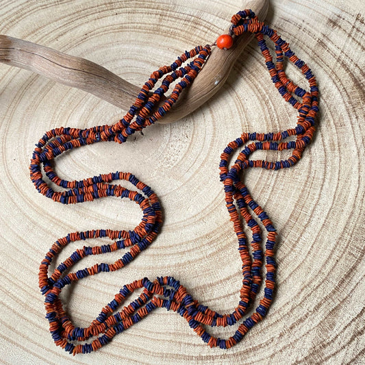 Collier de graines de morototo bicolores 3 lignes et fermeture açai orange - Communauté Jamaraqua